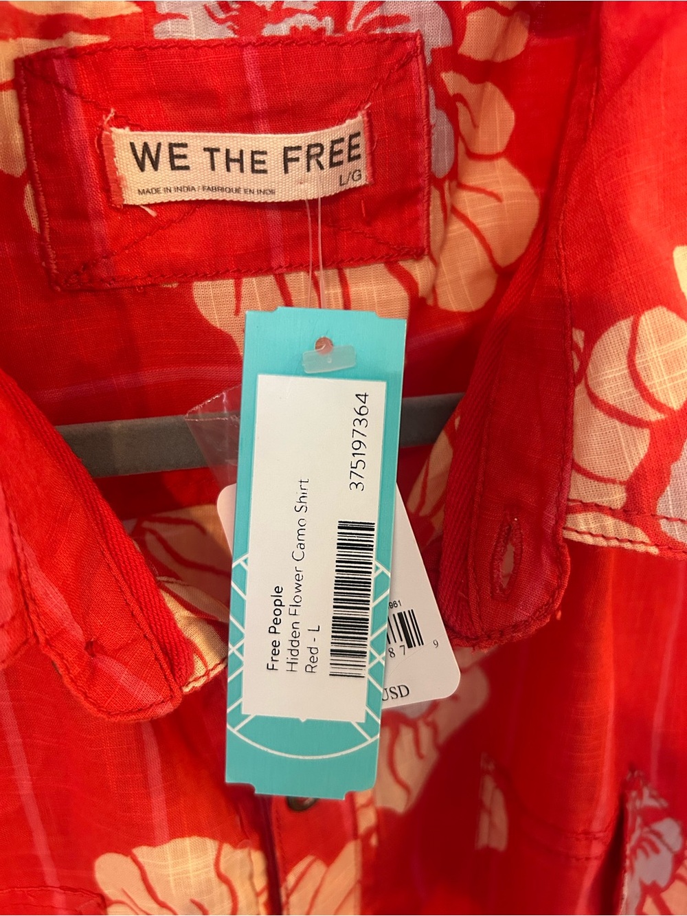 Free People We The Free Hidden Flower Camo Shirt NWT Red Floral Oversized Large - Picture 3 of 6